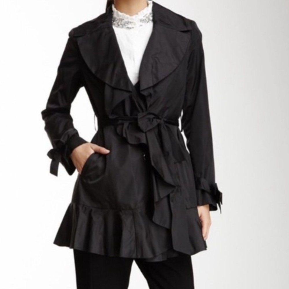 Cole Haan black tie waist ruffle coat size small